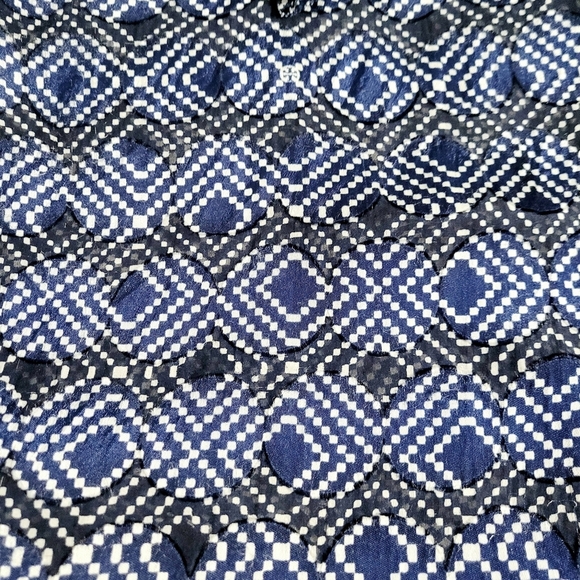 Tory Burch Women's Navy Blue Geometric Print Silk Blend Ruffle Tunic Top Size 8 - Picture 5 of 13